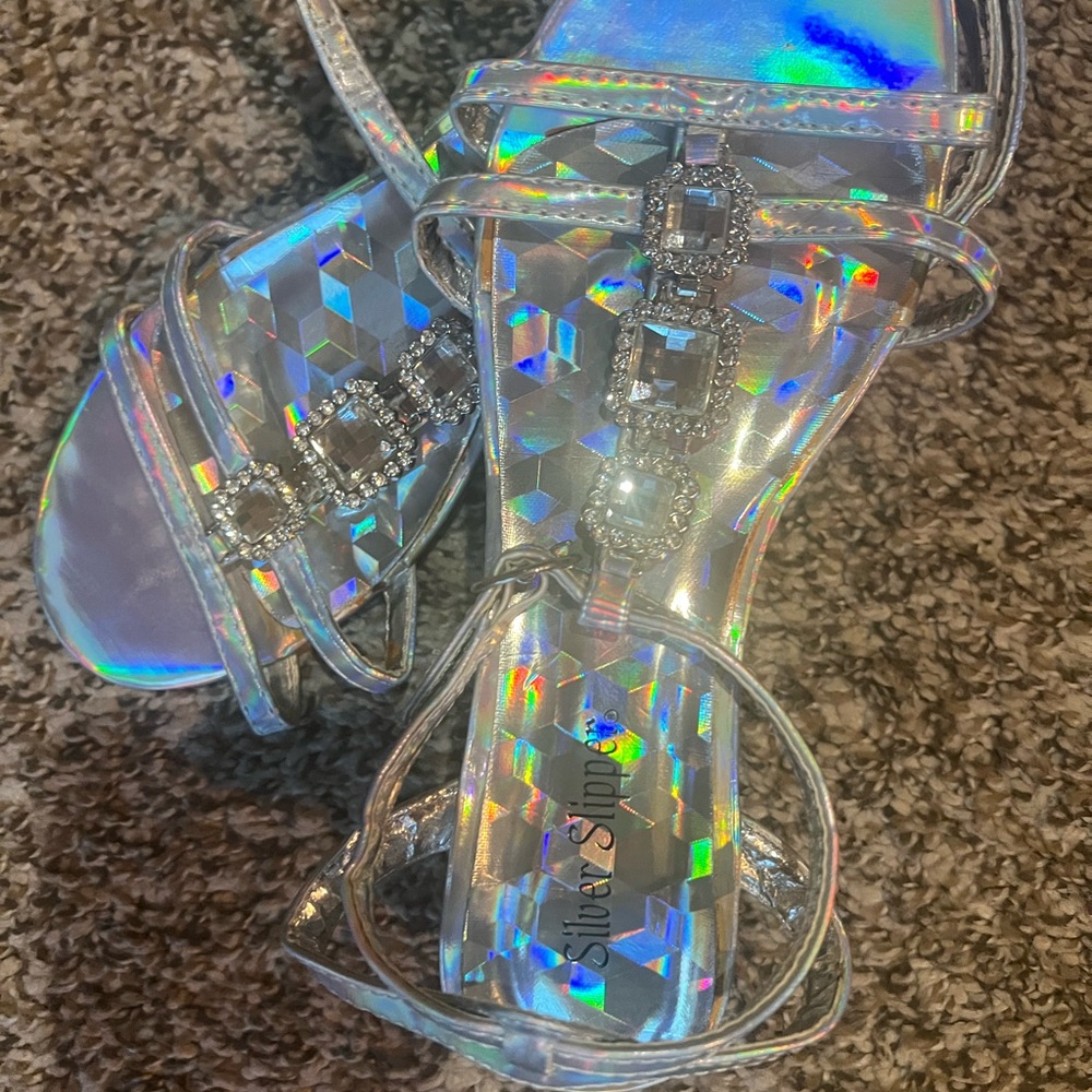 Girls Silver Slippers. Translucent with shimmer and gemstones. Size 2.